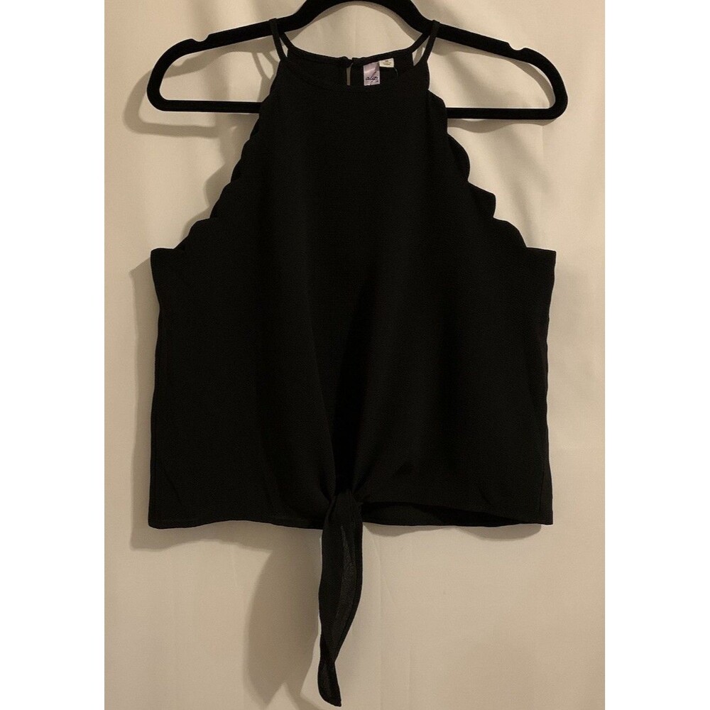 Alya Francescas Womens Size Medium Top Sleeveless Scalloped Tie Front Black New